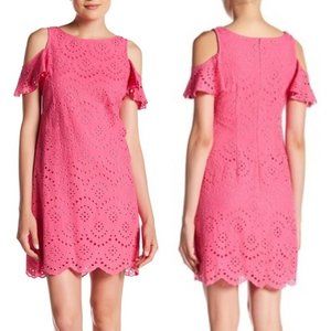 Eliza J Cold Shoulder Eyelet Detail Cotton Dress Pink Lined